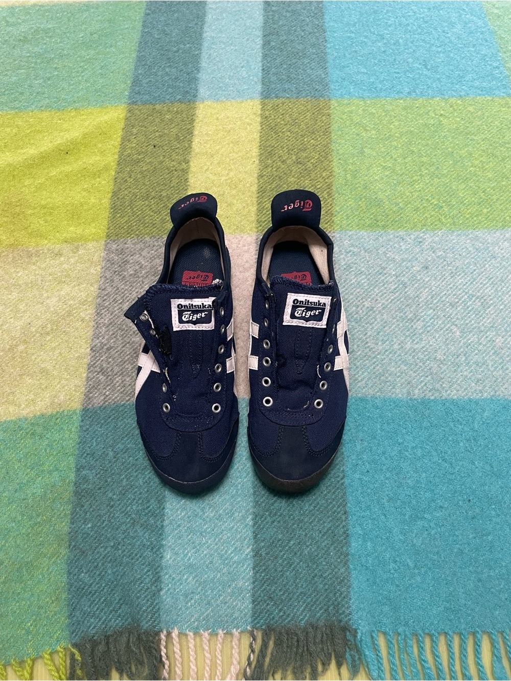 ASICS Onitsuka Tiger Mexico 66 Navy Slip On Shoes Size 4M 5.5W Cut Elastic Band